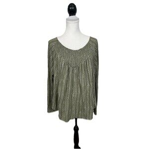 Lucky Brand Knit Blouse Size L Green & Tan Puckered Long Sleeve Pullover Top